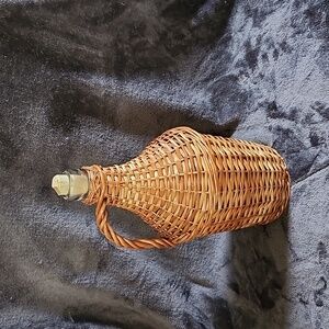 Vintage French Glass Wine Bottle Decanter Covered With Wicker Rattan, 13.6” Tall